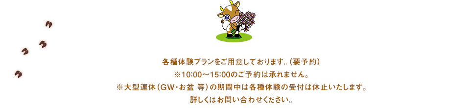 各種体験プランをご用意しております。（要予約）※10：00～15：00のご予約は承れません。※大型連休（GW・お盆 等）の期間中は各種体験の受付は休止いたします。詳しくはお問い合わせください。